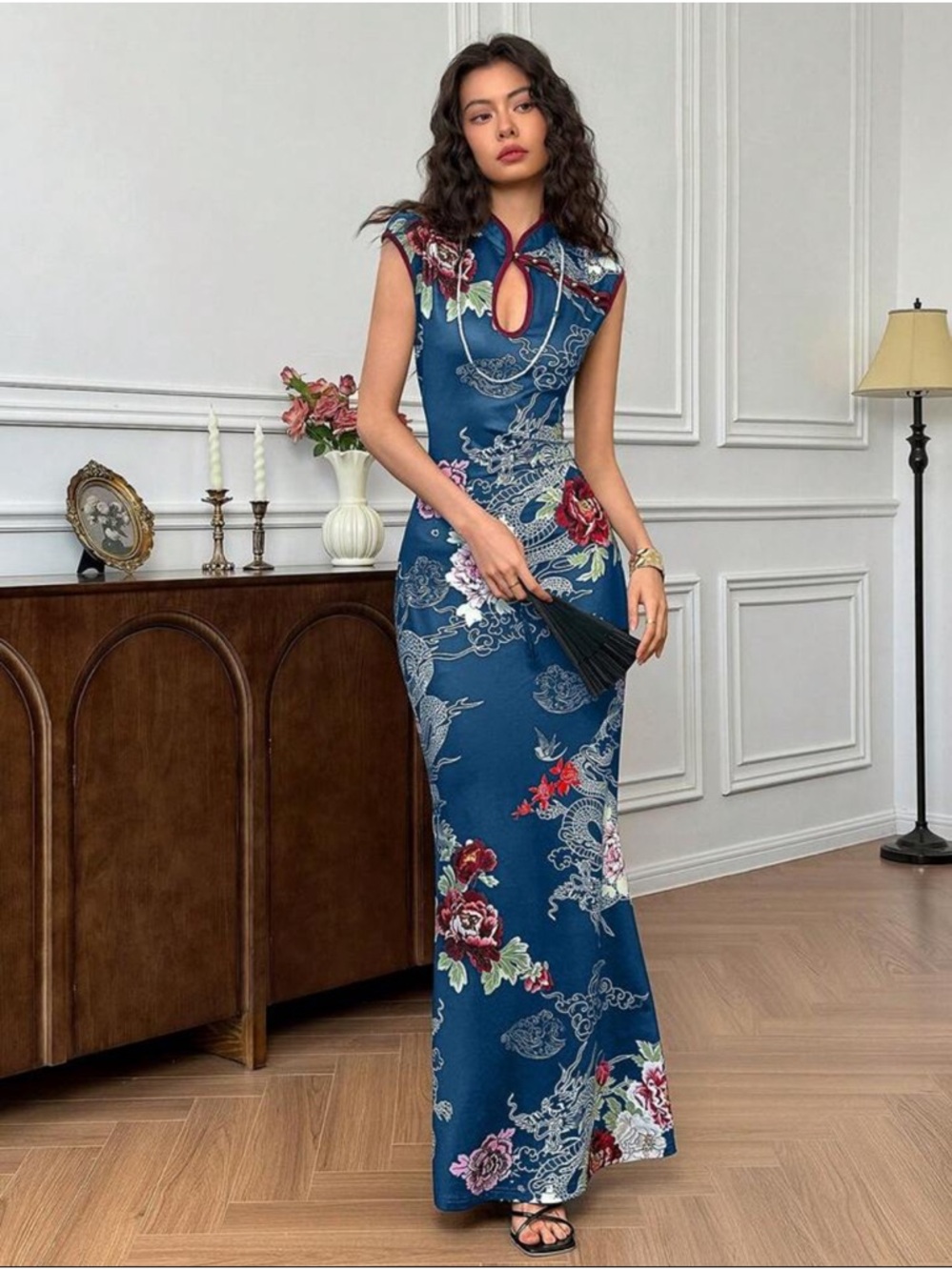 Blue Floral Cheongsam Maxi Dress